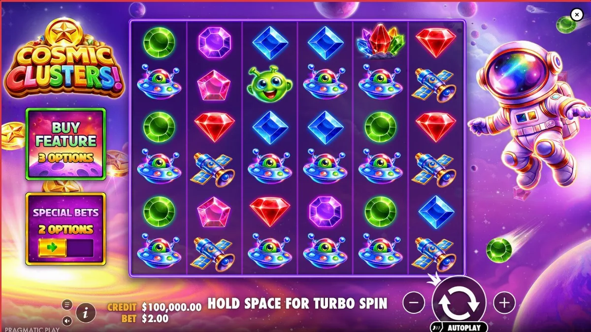Interface vibrante e neon do slot Cosmic Clusters com tema espacial