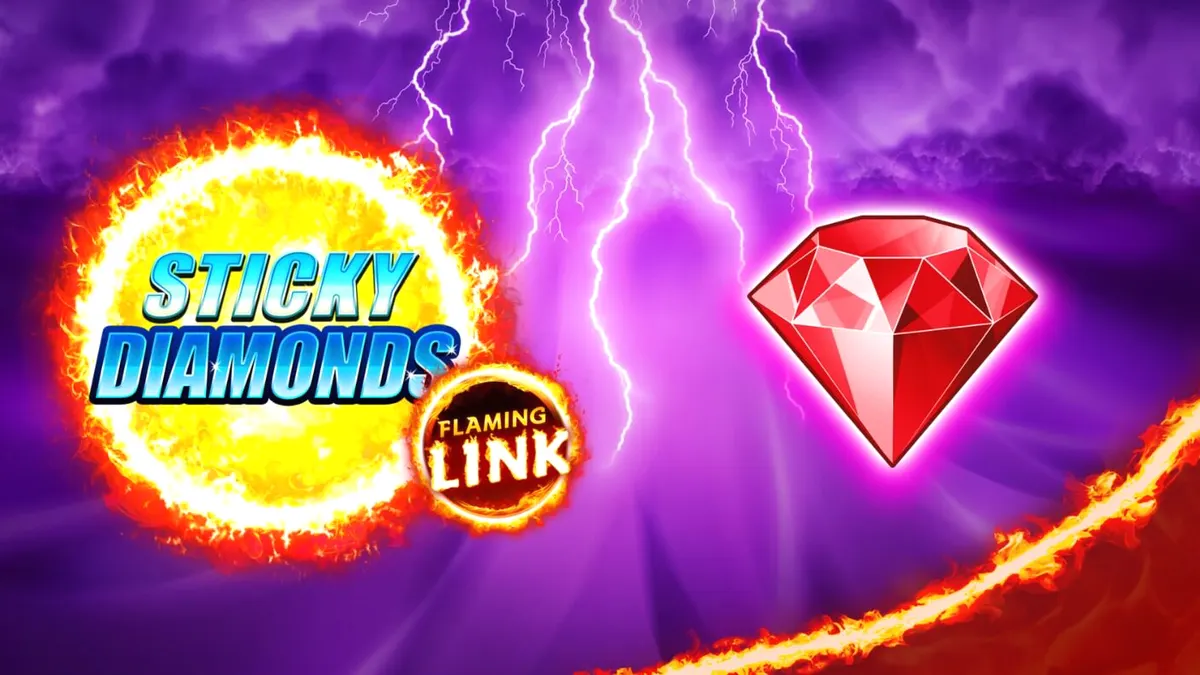 Interface do jogo Sticky Diamonds Flaming Link com símbolos de frutas e diamantes