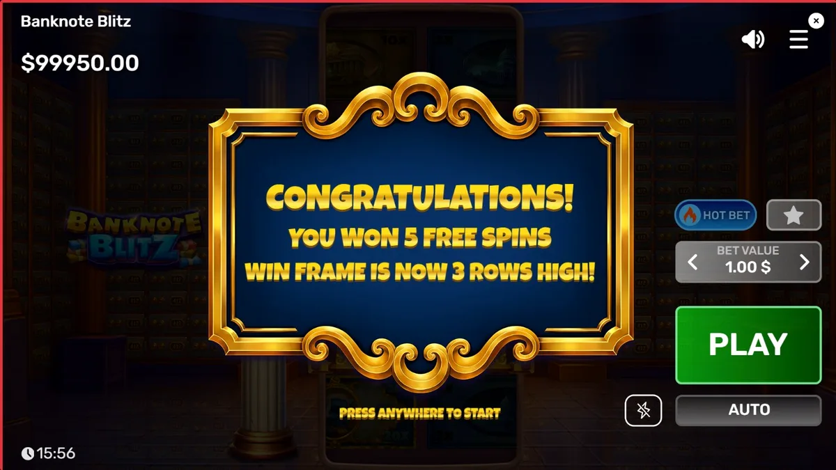 Interface luxuosa do jogo de slot Banknote Blitz com elementos de cofre