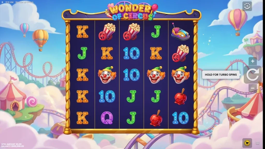 Interface vibrante do slot Wonder of Circus com elementos de circo neon